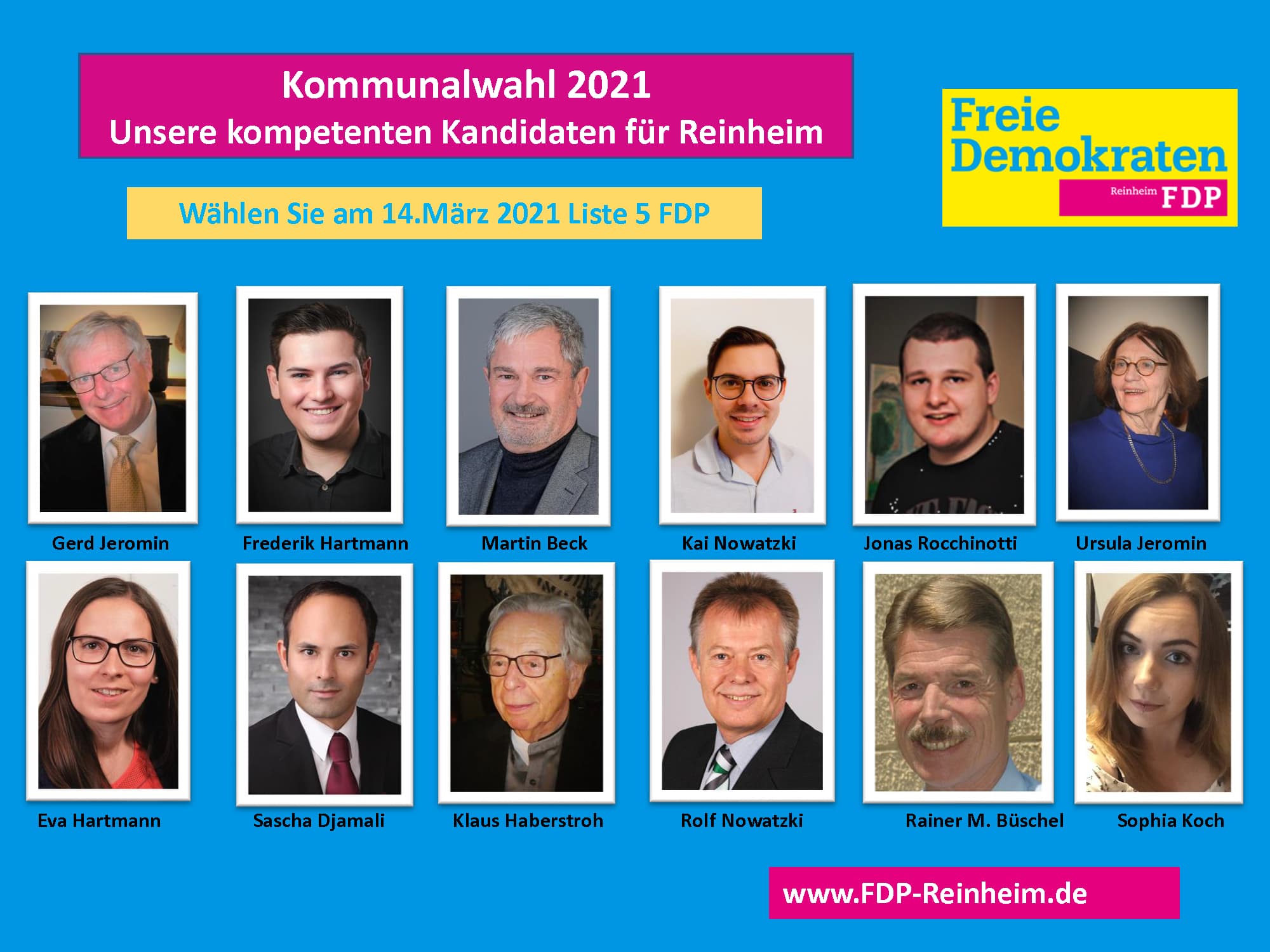 Unsere Kandidaten zur Kommunalwahl 2021 in Reinheim. Im Bild sind von links nach rechts erst oben, dann unten: Gerd Jeromin, Frederik Hartmann, Martin Beck, Kai Nowatzki, Jonas Rocchinotti, Ursula Jeromin, Eva Hartmann, Sascha Djamali, Klaus Haberstroh, Rolf Nowatzki und Rainer M. Bschel.