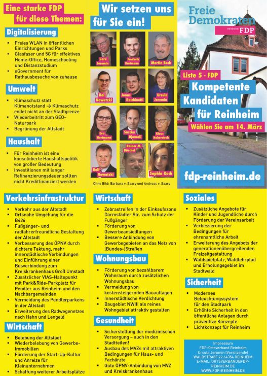 Unsere Kandidaten zur Kommunalwahl 2021 in Reinheim. Im Bild sind von links nach rechts erst oben, dann unten: Gerd Jeromin, Frederik Hartmann, Martin Beck, Kai Nowatzki, Jonas Rocchinotti, Ursula Jeromin, Eva Hartmann, Sascha Djamali, Klaus Haberstroh, Rolf Nowatzki und Rainer M. Bschel.